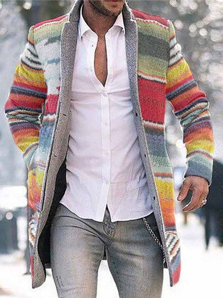 Color Block Mid-length Button Single-breasted Men's Coat