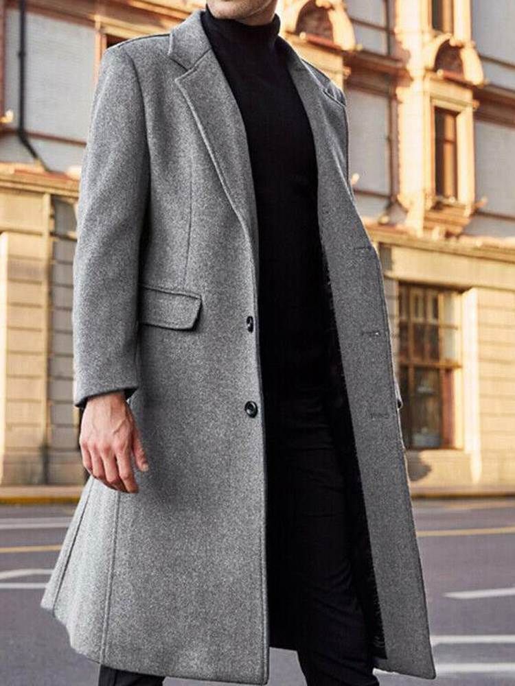 Long Style Notched Lapel Plain England A Line Men's Coat