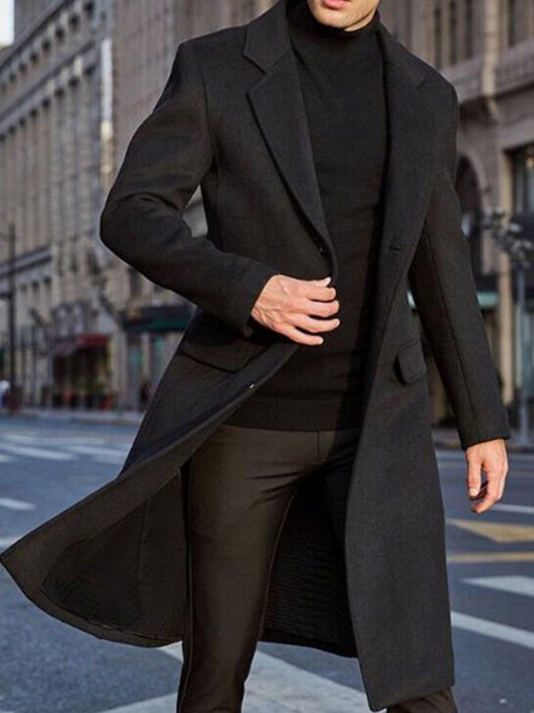 Long Style Notched Lapel Plain England A Line Men's Coat