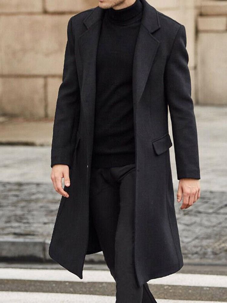 Long Style Notched Lapel Plain England A Line Men's Coat