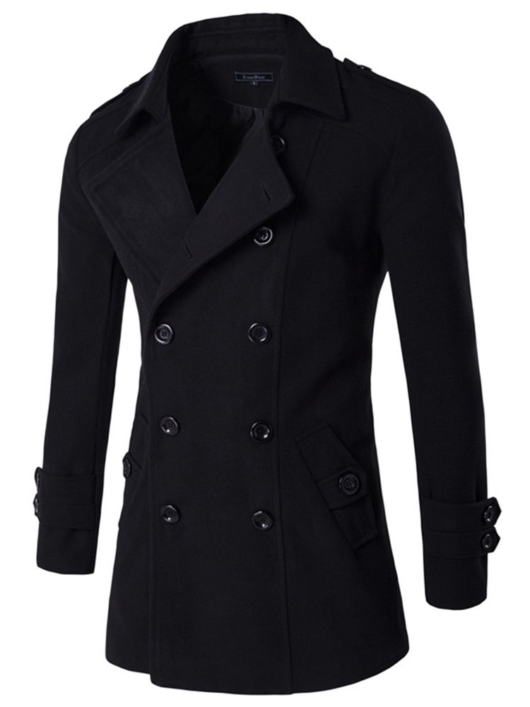 Notched Revers Double-breasted Plain Casual Casual Men's Wool Coat