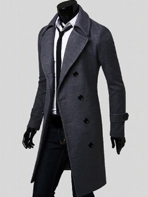 Notched Revers Double-breasted Slim Peacoat Til Mænd