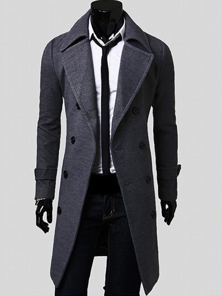 Notched Revers Double-breasted Slim Peacoat Til Mænd