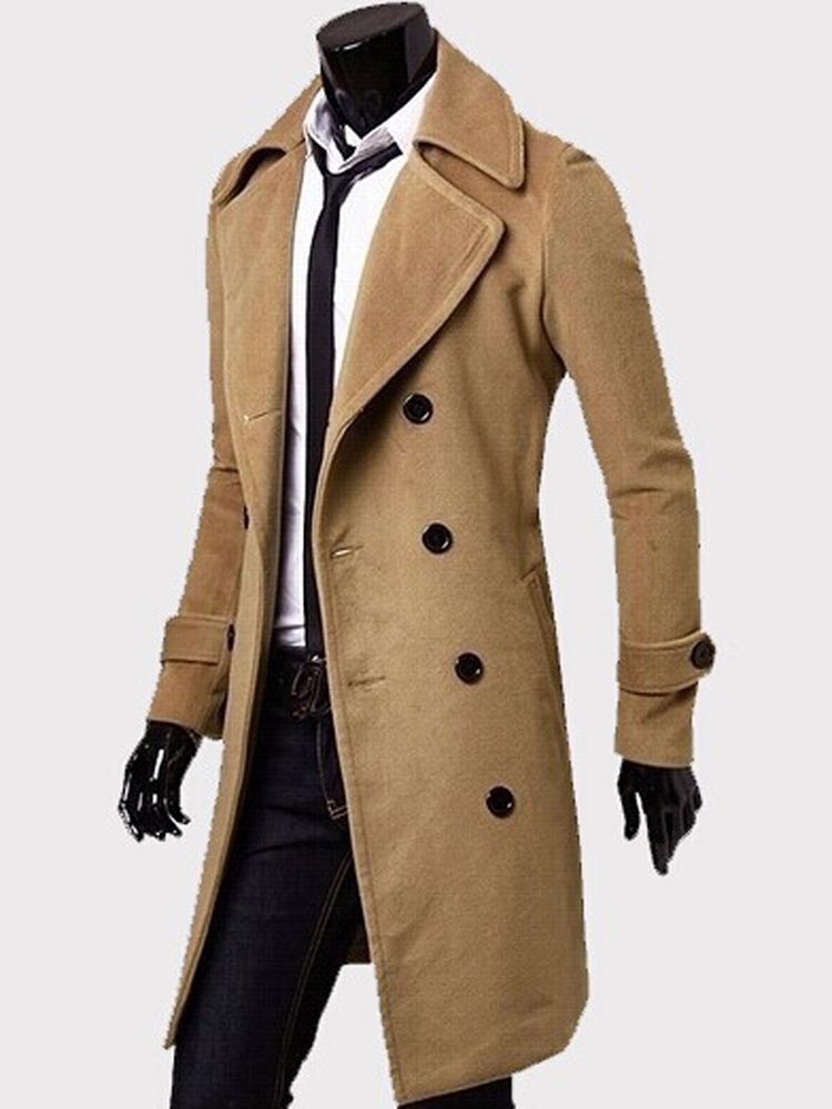 Notched Revers Double-breasted Slim Peacoat Til Mænd