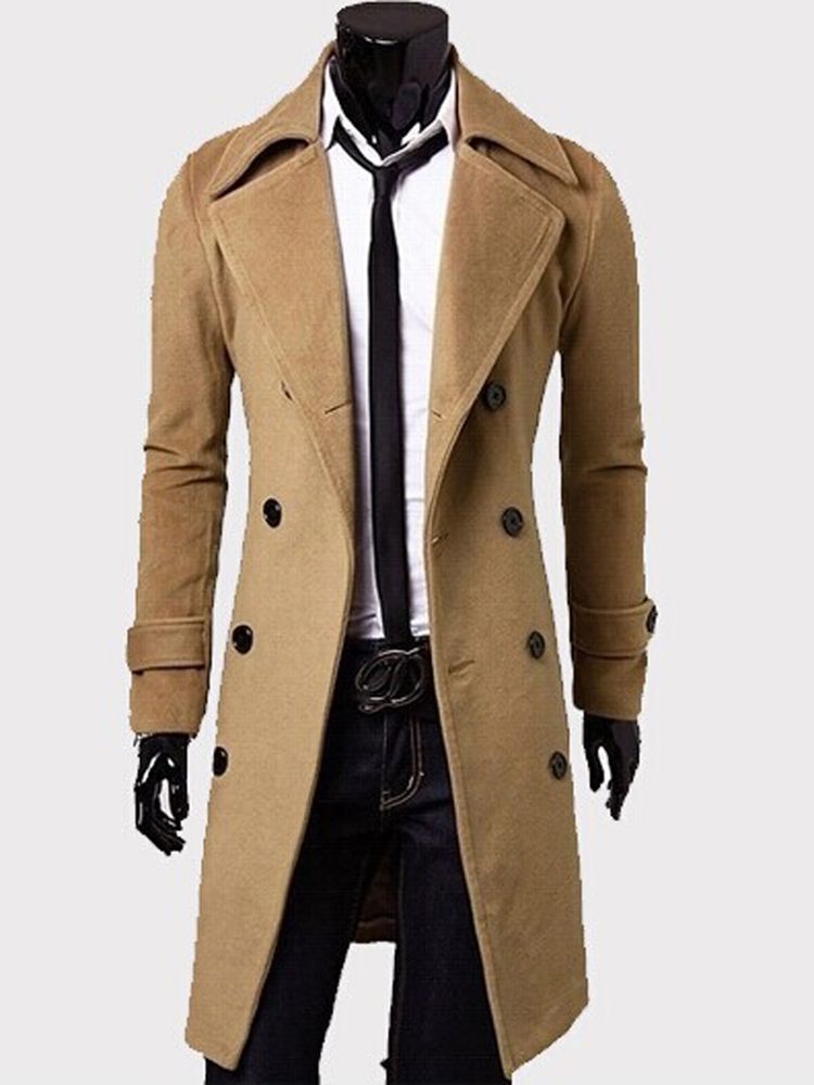 Notched Revers Double-breasted Slim Peacoat Til Mænd