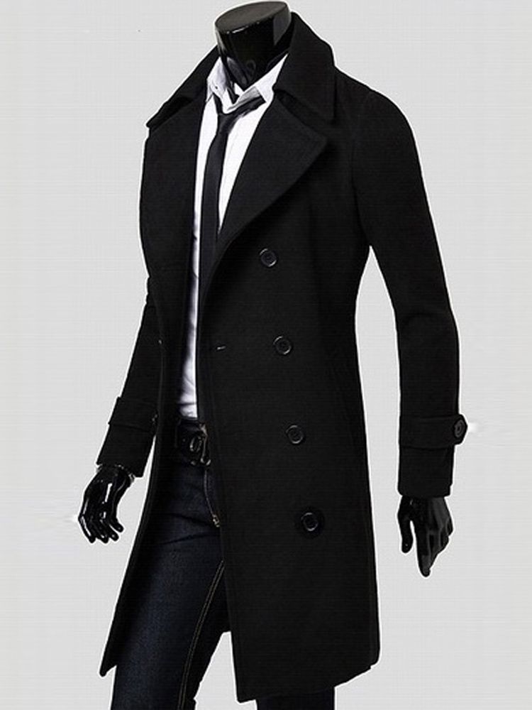 Notched Revers Double-breasted Slim Peacoat Til Mænd