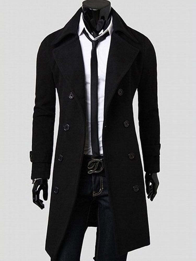 Notched Revers Double-breasted Slim Peacoat Til Mænd