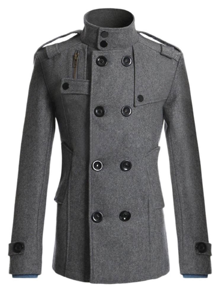 Plain Double-breasted Stand Collar Mænds Peacoat