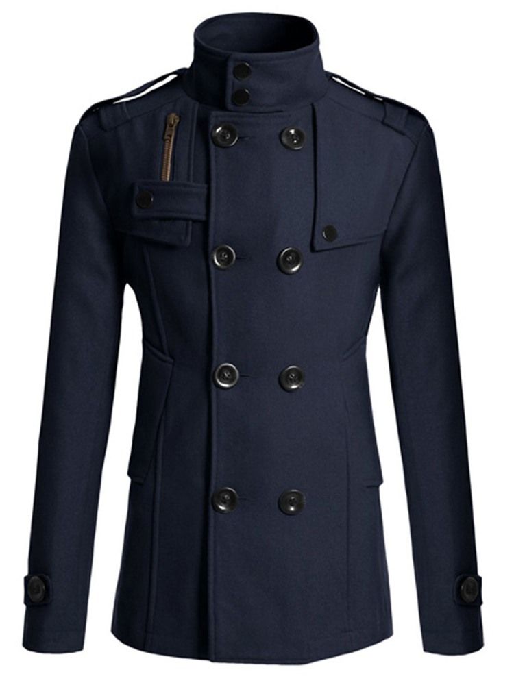 Plain Double-breasted Stand Collar Mænds Peacoat