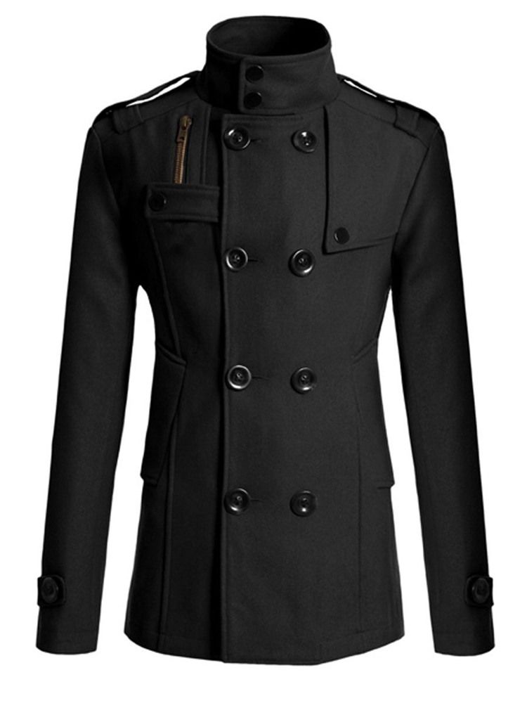 Plain Double-breasted Stand Collar Mænds Peacoat