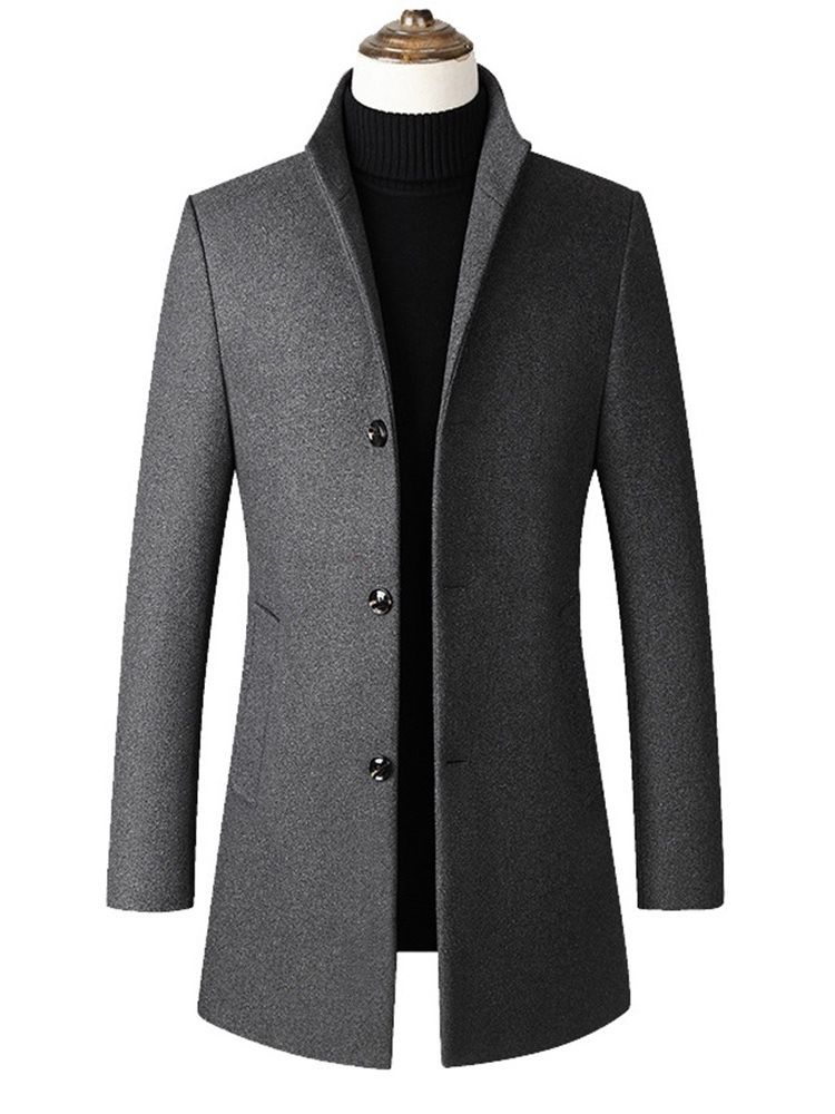 Plain Stand Collar Mid-length Herre Slim Wool Coat