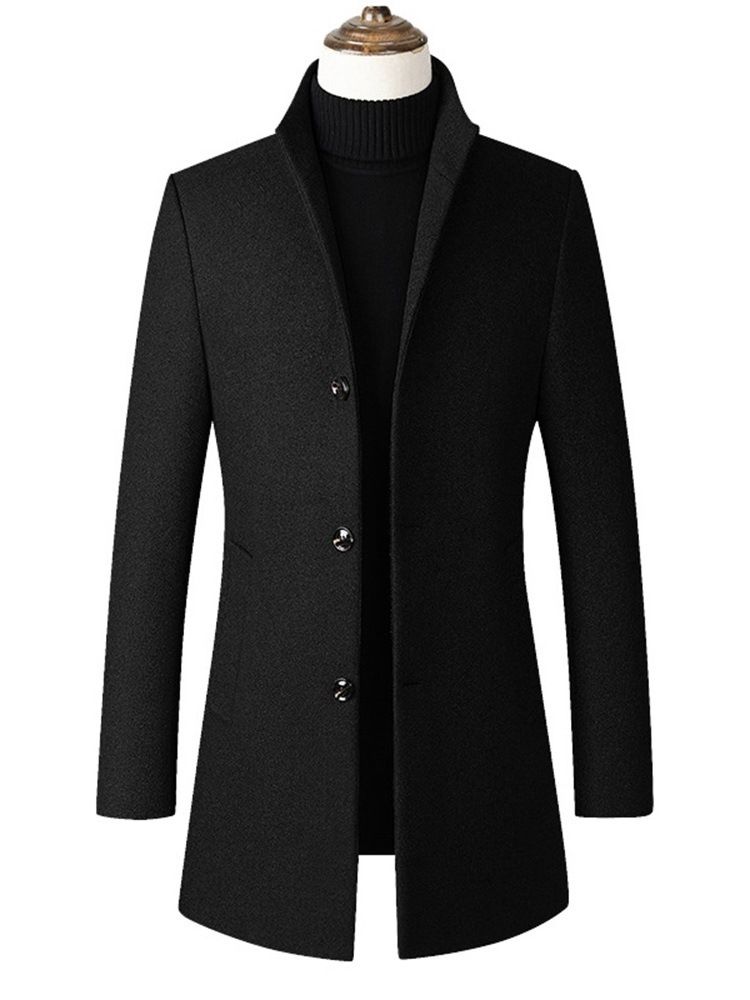 Plain Stand Collar Mid-length Herre Slim Wool Coat