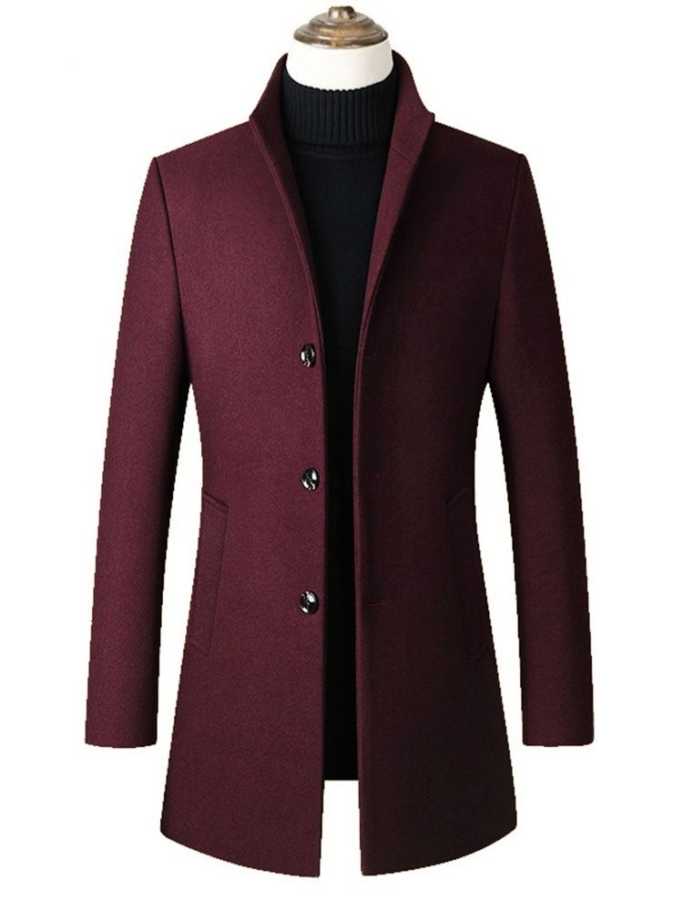 Plain Stand Collar Mid-length Herre Slim Wool Coat