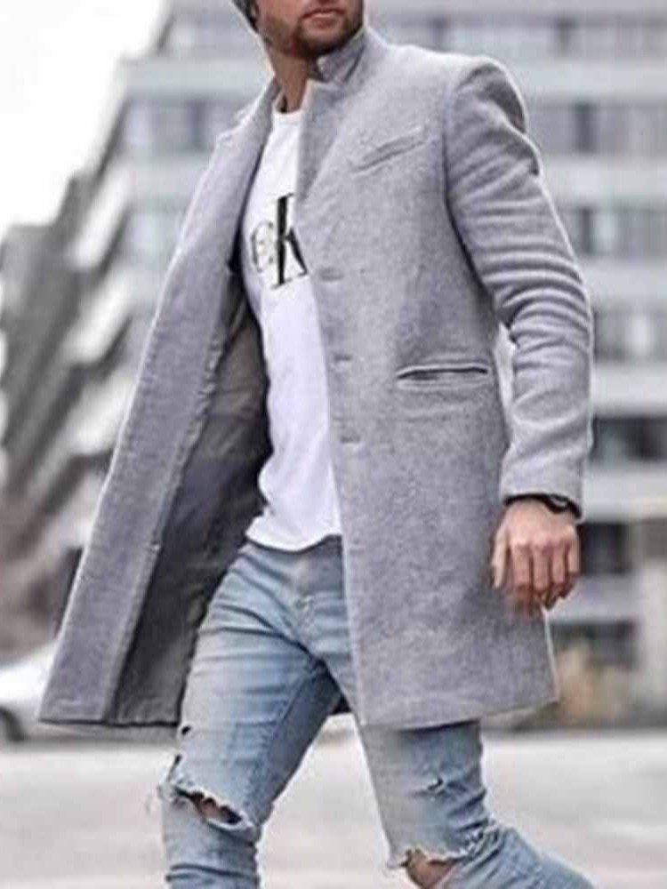 Pocket Mid-length Plain Straight Men's Coat