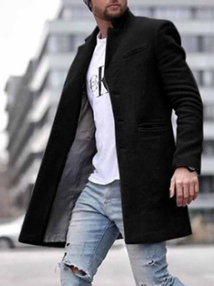 Pocket Mid-length Plain Straight Men's Coat