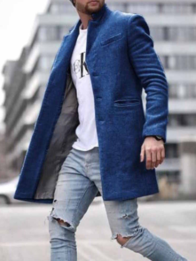 Pocket Mid-length Plain Straight Men's Coat