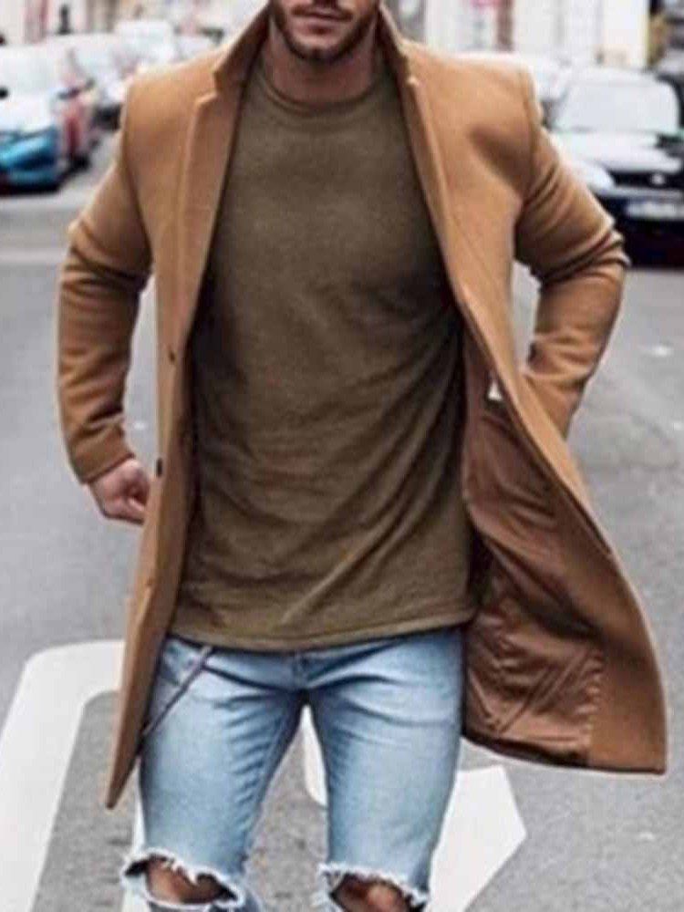 Pocket Mid-length Plain Straight Men's Coat