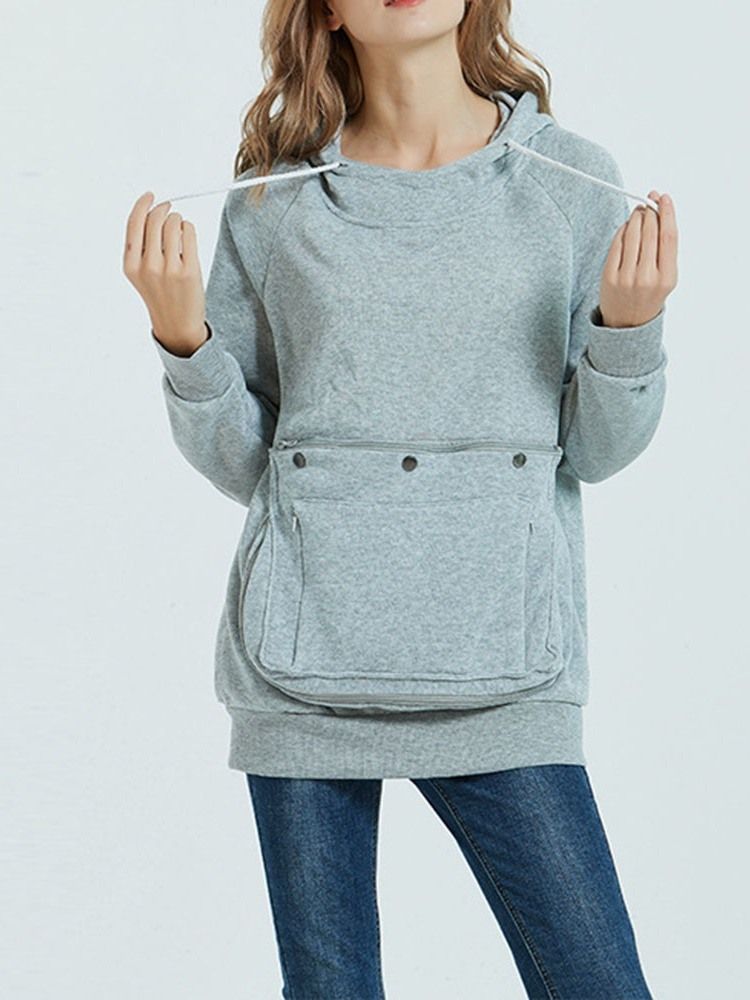 Pocket Plain Regular Mid-length Fall Hoodie Til Kvinder