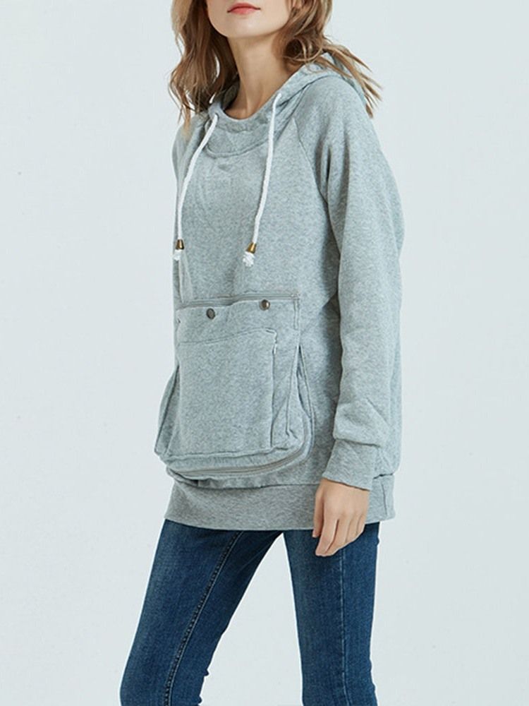 Pocket Plain Regular Mid-length Fall Hoodie Til Kvinder