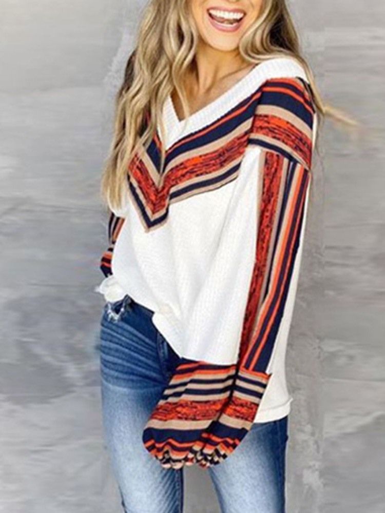 Print Stripe Lantern Sleeve V-neck Standard Women's Thoodie