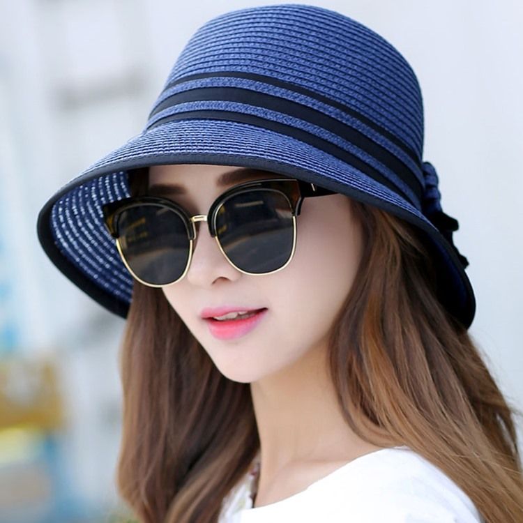 Women's Stripe Design Bowknot Foldable Summer Sun Hat