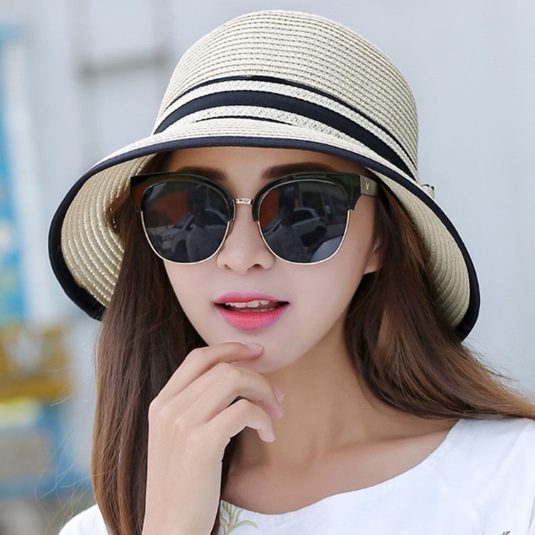 Women's Stripe Design Bowknot Foldable Summer Sun Hat