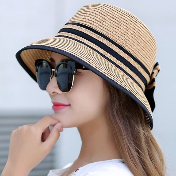 Women's Stripe Design Bowknot Foldable Summer Sun Hat