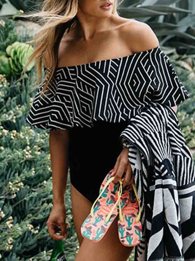 Kvinders Off Shoulder Print Color Block Sexet Badetøj