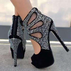 Faux Suede Rhinestone Lynlås Platform Peep Toe Kvinders Prom Sko