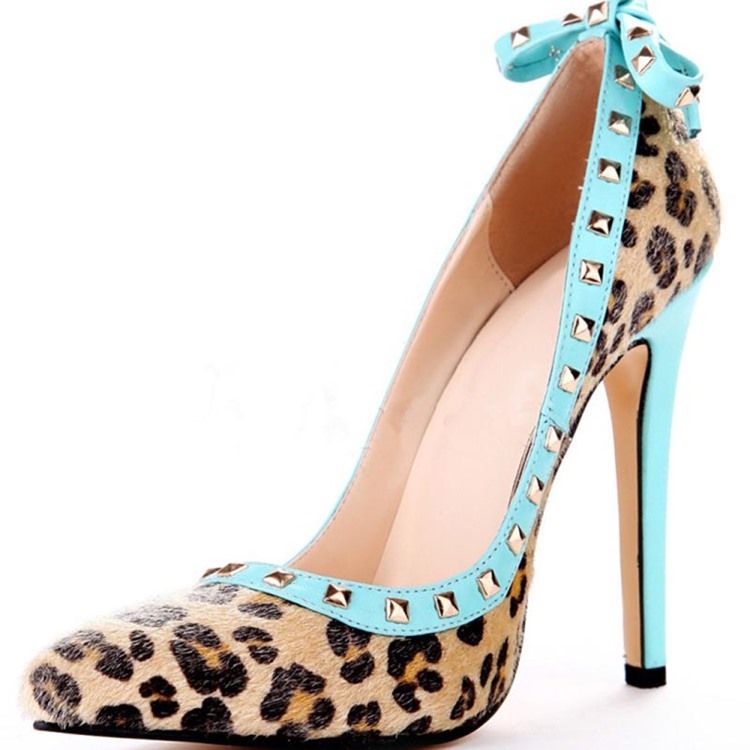 Rivet Leopard Stiletto Heel Pointed Toe Bow Dame Pumps