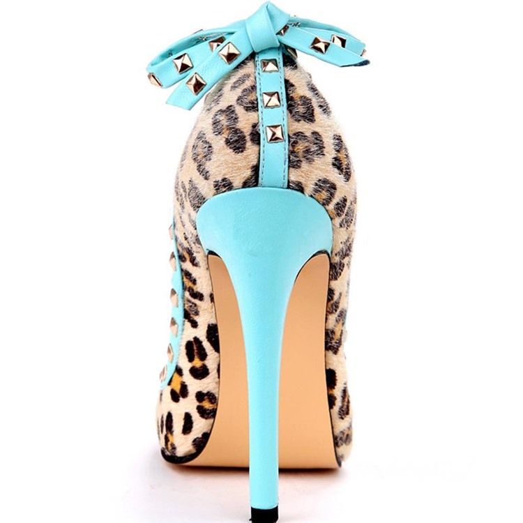 Rivet Leopard Stiletto Heel Pointed Toe Bow Dame Pumps