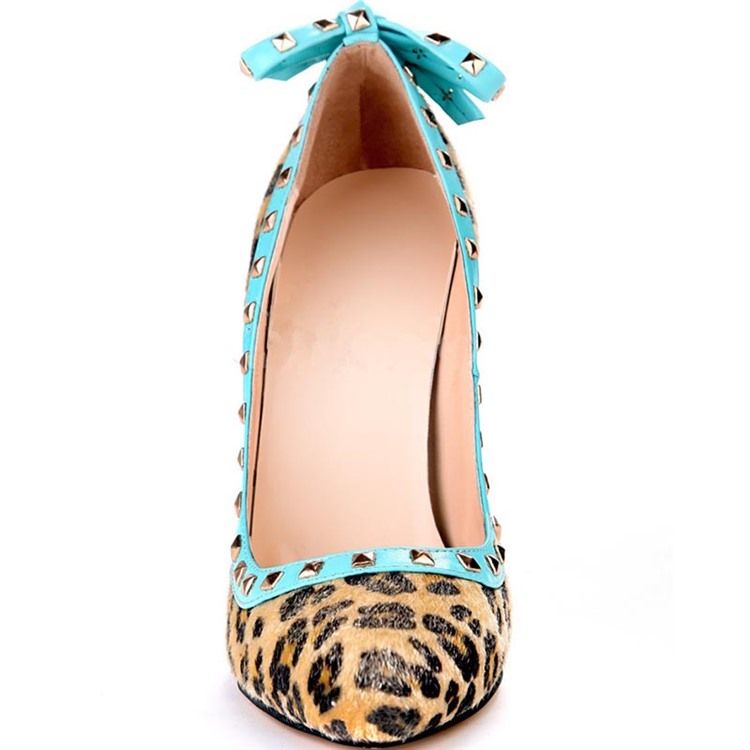 Rivet Leopard Stiletto Heel Pointed Toe Bow Dame Pumps