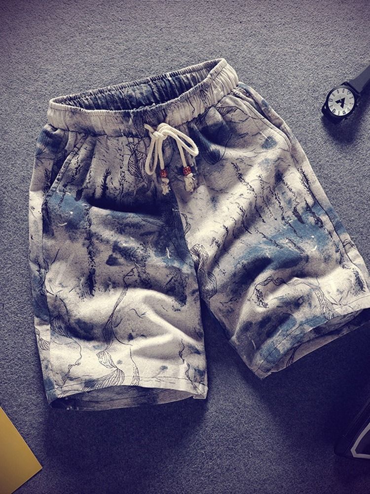 Color Block Straight Lace-up Mid Waist Men's Casual Shorts