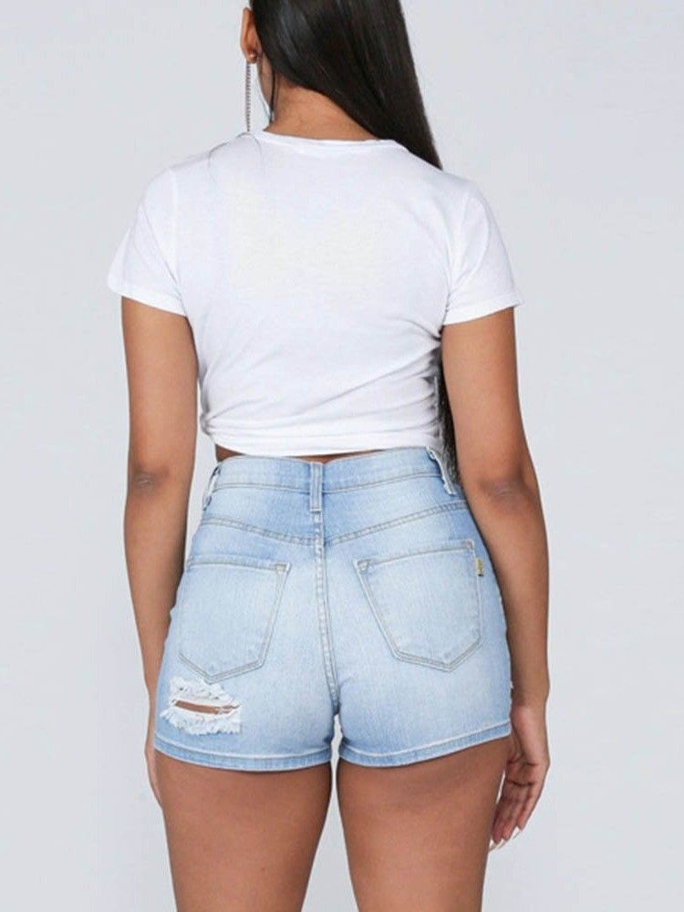 Plain Hole High Waist Skinny Women's Shorts