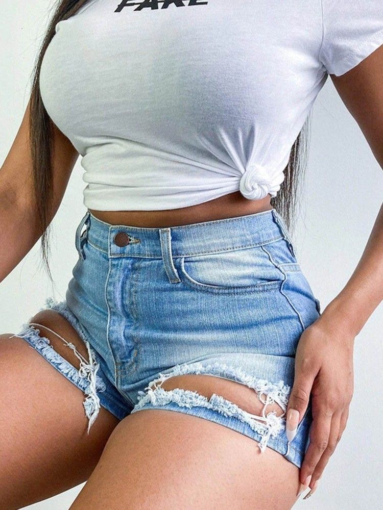 Plain Hole High Waist Skinny Women's Shorts