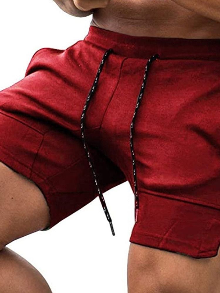 Plain Lace-up Straight Mid Waist Lace-up Men's Shorts