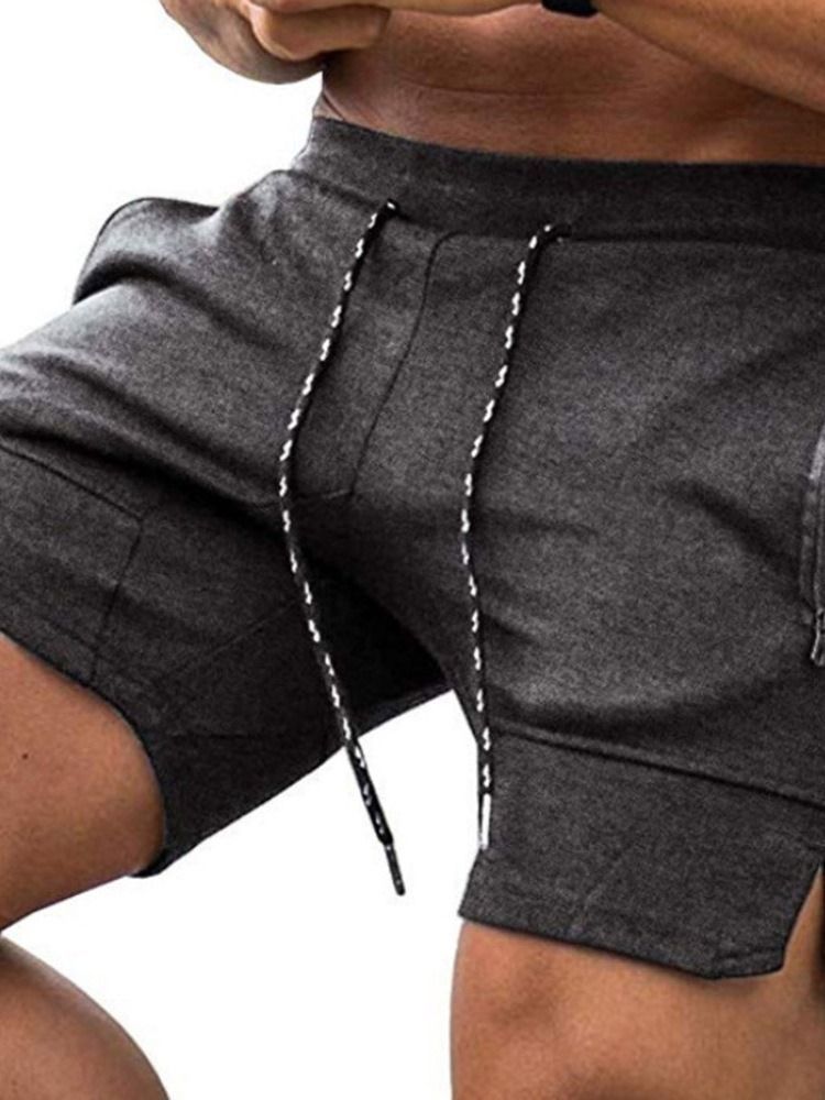 Plain Lace-up Straight Mid Waist Lace-up Men's Shorts