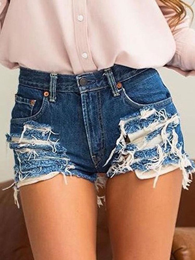 Plain Ripped Jeans Women's Shorts