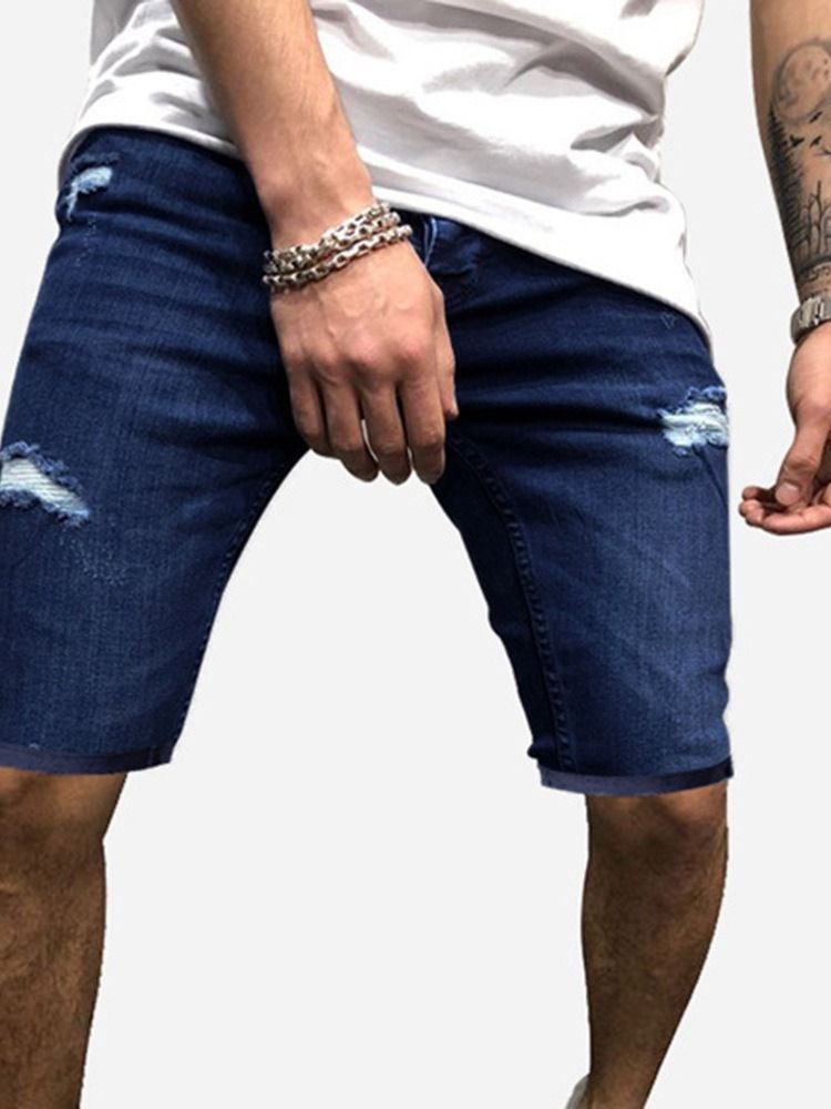 Plain Straight Hole Mid Waist Casual Men's Slim Shorts