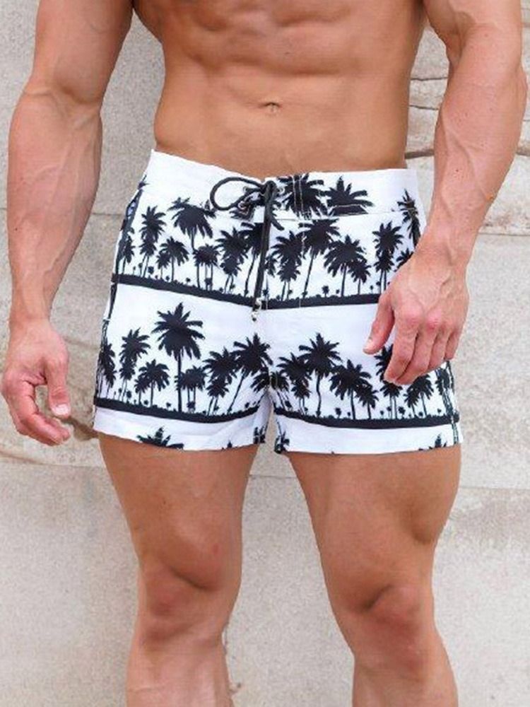 Plant Print Slim Lace-up Casual Shorts Til Mænd