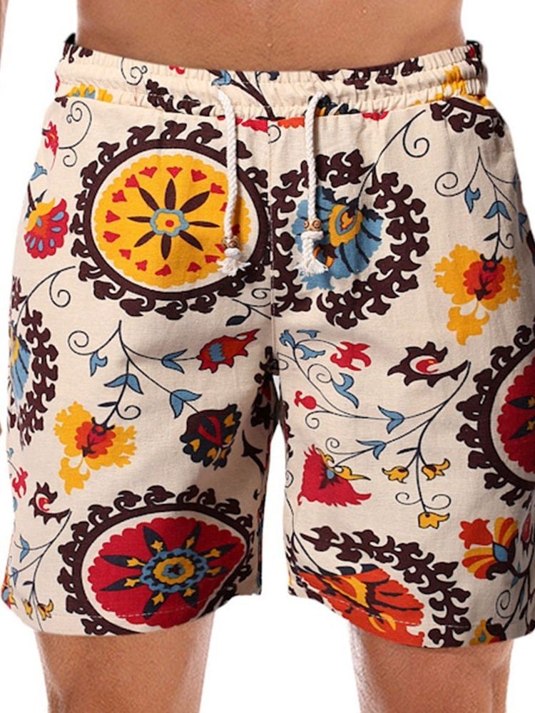 Print Floral Straight Lace-up Mid Waist Shorts Til Mænd