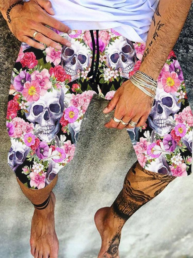 Skull Straight Print Mænds Beach Shorts