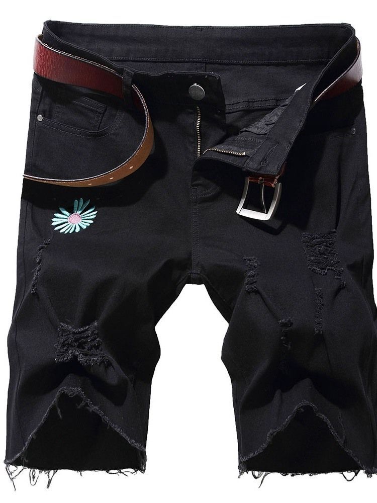 Straight Broderi Floral Mid Talje Lynlås Herre Denim Shorts