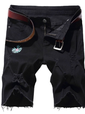 Straight Broderi Floral Mid Talje Lynlås Herre Denim Shorts