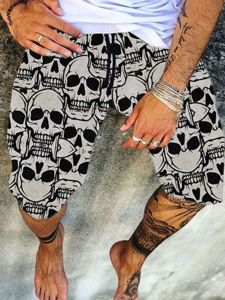 Straight Skull Print Mid Waist Men's Casual Shorts