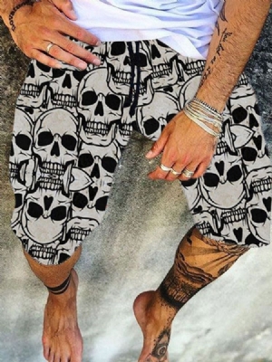 Straight Skull Print Mid Waist Men's Casual Shorts