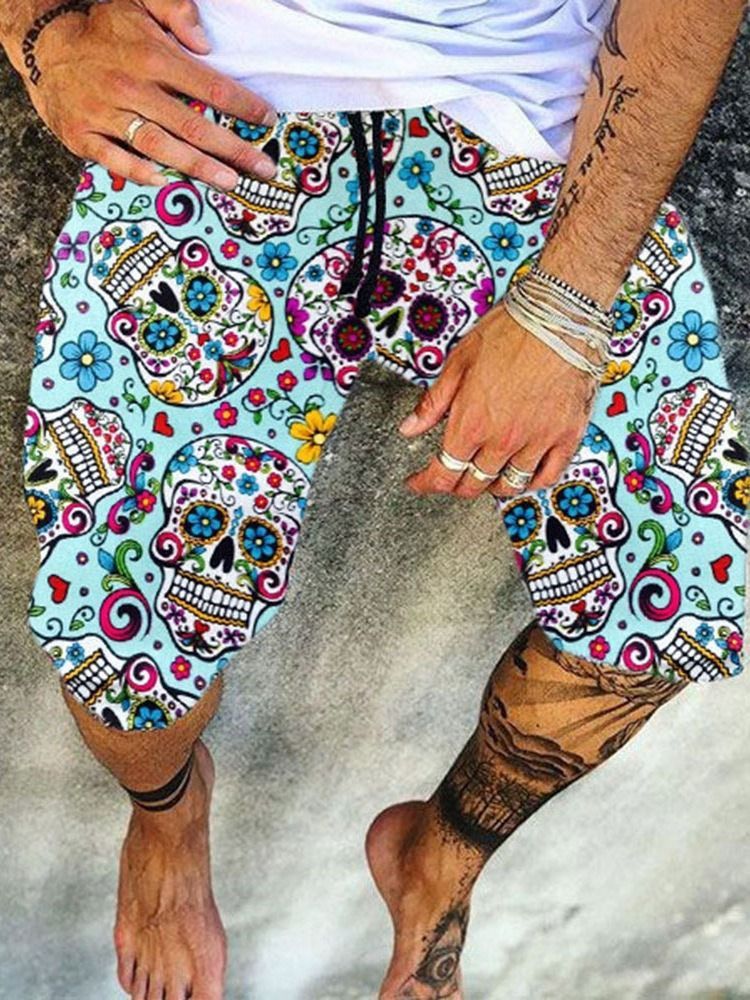 Straight Skull Print Mid Waist Men's Casual Shorts