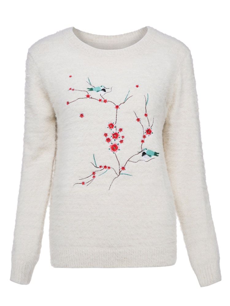 Dame Broderet Sweater Med Rund Hals