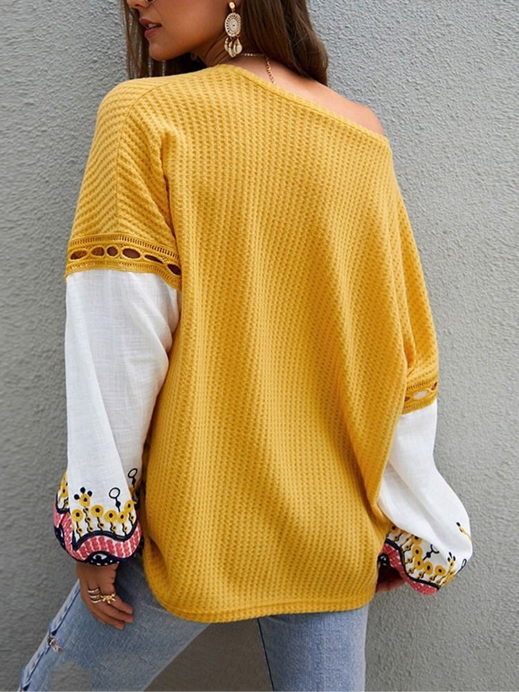 Kvinders Patchwork Lanterneærmet Tyndt Fald Løst Sweater