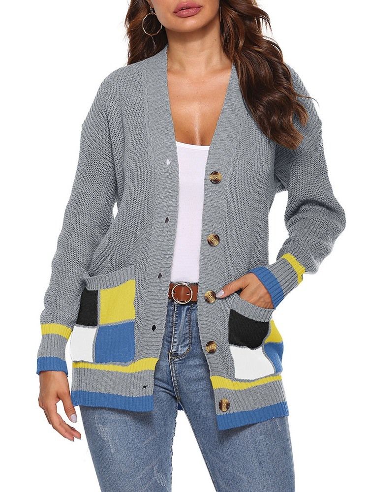 Kvinders Patchwork Regular Single-breasted Fall Loose Sweater